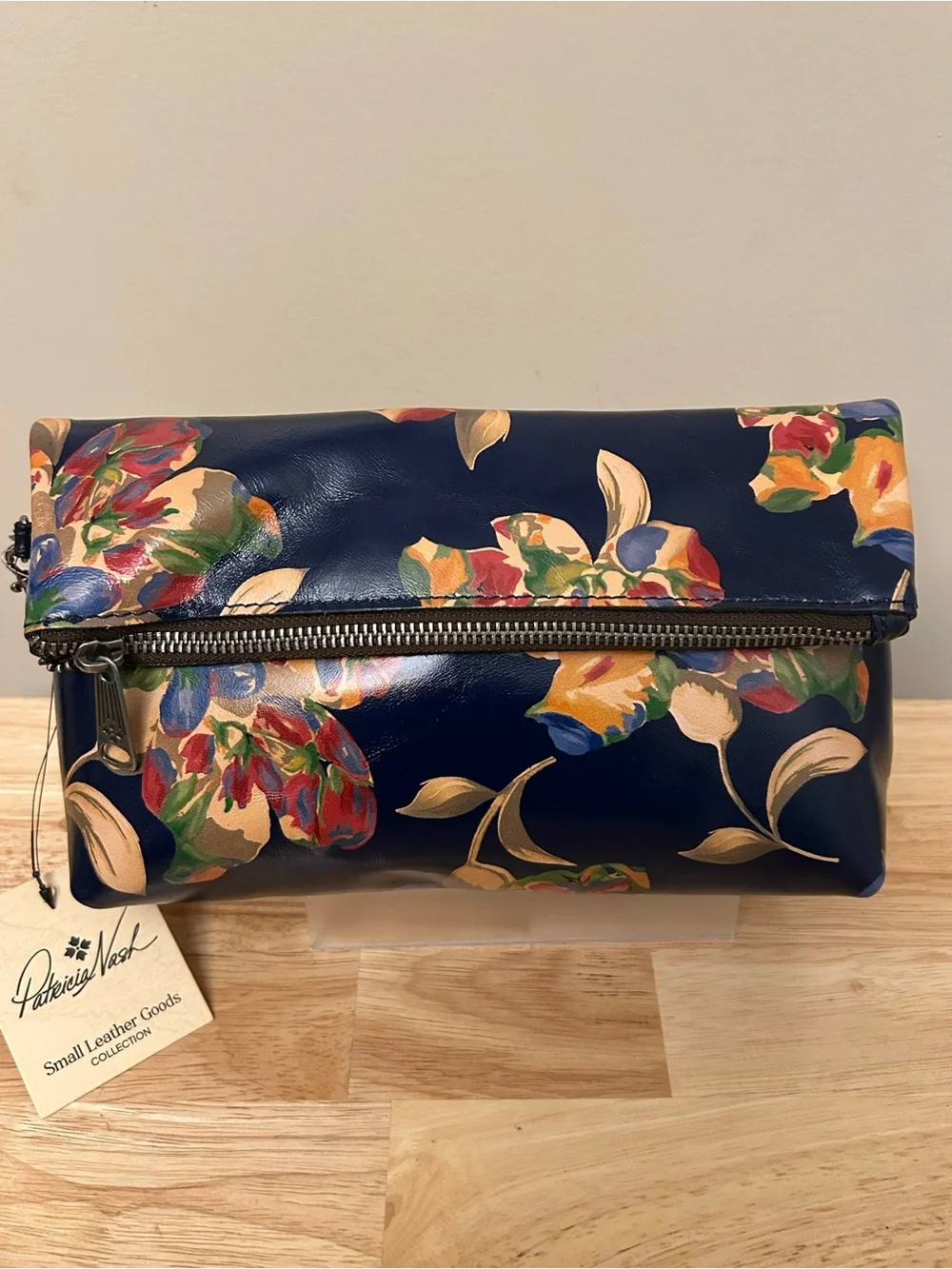 Patricia Nash Navy Leather Floral Zip Wristlet
